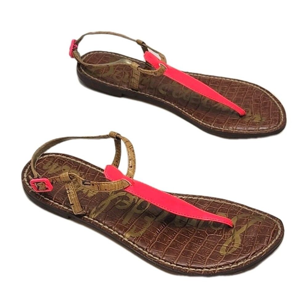 Sam Edelman Gigi Sandal Pink Patent Brown Leather Thong Women Sz 8 Flat  Shoe